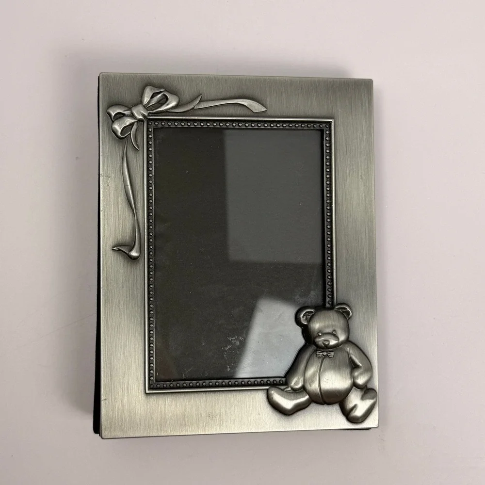 Burnes Vintage Y2K Nursery Decor Photo Album Silver Teddy Bear Pewter Metal